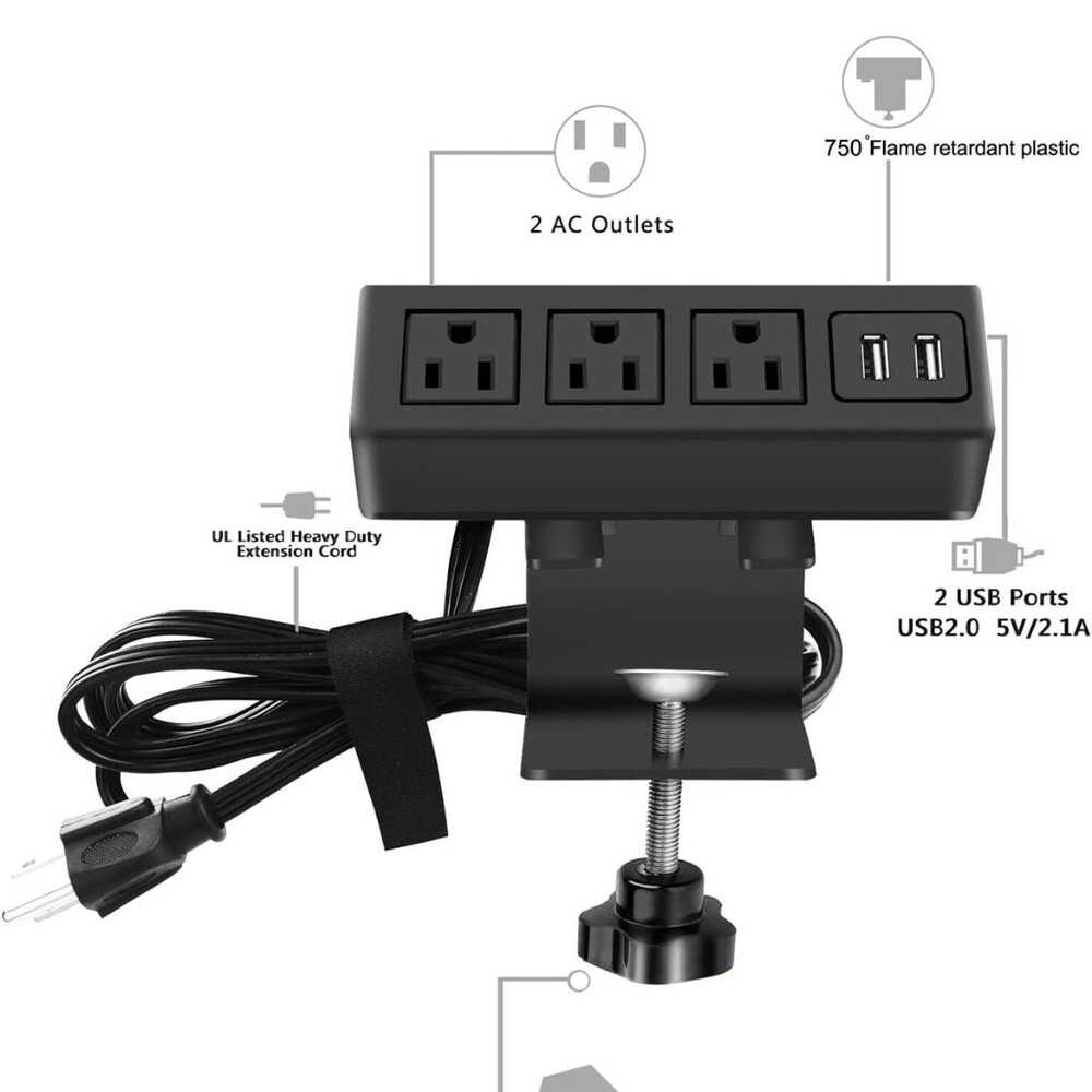3 Outlet Desk Clamp Power Strip with USB Ports
